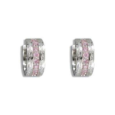 Fine Engraved Sterling Silver Hawaiian Scroll with Channel Set Pink CZ Hoop Earrings