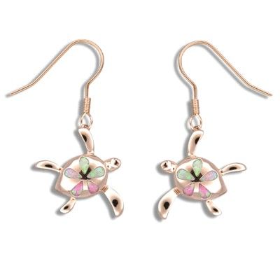 Sterling Silver Honu Pink Opal Plumeria Fish Wire Earrings