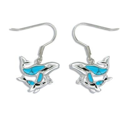 Sterling Silver Mother and Baby Whale Blue Turquoise Earrings