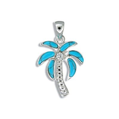 Sterling Silver Hawaiian Blue Turquoise Palm Tree Pendant with CZ
