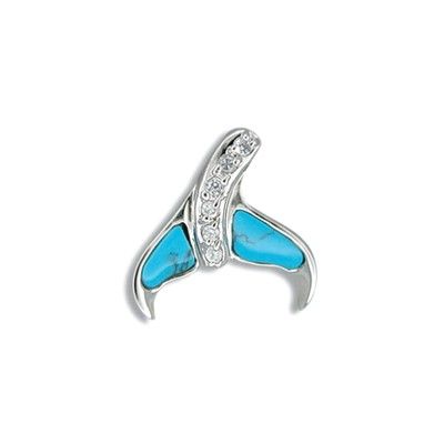 Sterling Silver Hawaiian Whale Tail Blue Turquoise Pendant with CZ