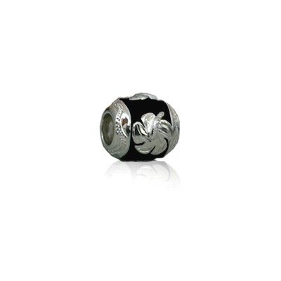 Sterling Silver Hawaiian Rhodium Black Enamel Hibiscus Charm Bead