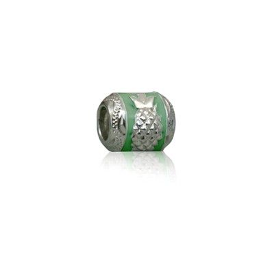 Sterling Silver Hawaiian Rhodium Green Enamel Pineapple Charm Bead