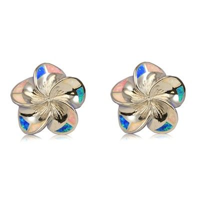 Sterling Silver 18mm Hawaiian Plumeria with Rainbow Opal Post Earrings