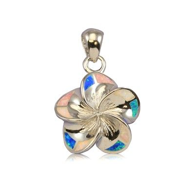 Sterling Silver 20mm Hawaiian Plumeria with Rainbow Opal Pendant