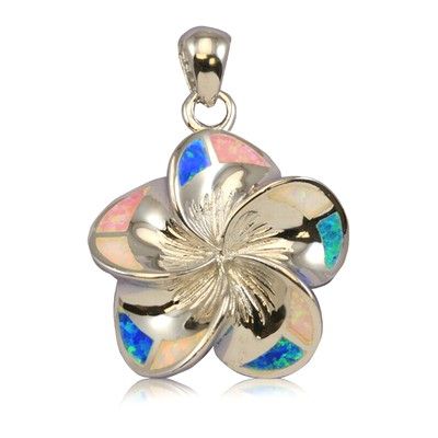 Sterling Silver 25mm Hawaiian Plumeria with Rainbow Opal Pendant