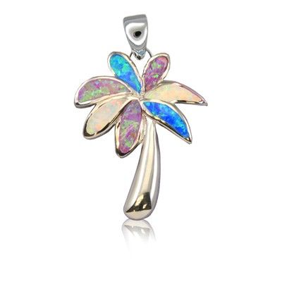 Sterling Silver Hawaiian Rainbow Opal Palm Tree Pendant (L)