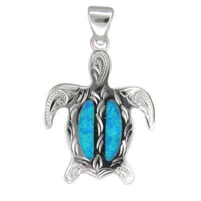 Sterling Silver Hawaiian Hand Carved Blue Opal Honu Pendant (M)