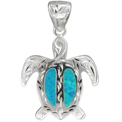 Sterling Silver Hawaiian Hand Carved Blue Opal Honu Pendant (L)