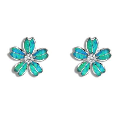 Sterling Silver Hawaiian Blue Opal Plumeria Pierced Earrings with CZ
