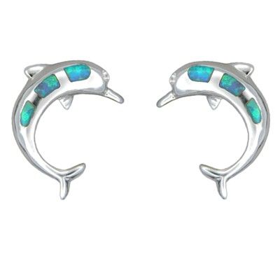 Sterling Silver Blue Opal Hawaiian Jumping Dolphin Pierced Earrings