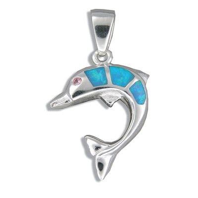 Sterling Silver Hawaiian Blue Opal Jumping Dolphin Pendant