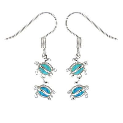 Sterling Silver Hawaiian Double HONU Blue Opal Earrings with Fish Wires