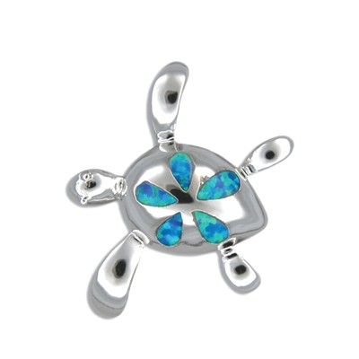 Sterling Silver Hawaiian Honu Plumeria Blue Opal Pendant