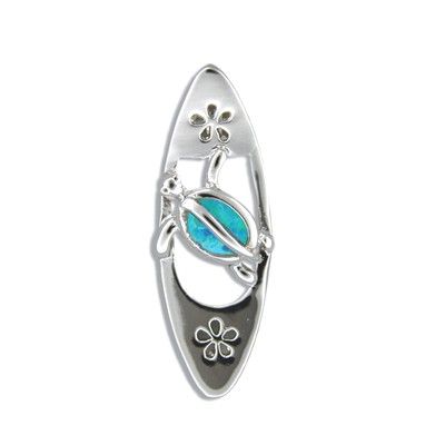 Sterling Silver Hawaiian Honu on the Surfing Board Blue Opal Pendant