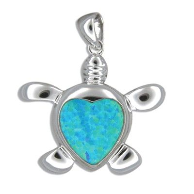 Sterling Silver Hawaiian Honu with Heart Shaped Blue Opal Pendant