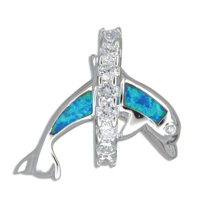 Sterling Silver Jumping Blue Opal Dolphin and Hawaiian CZ Leis Pendant
