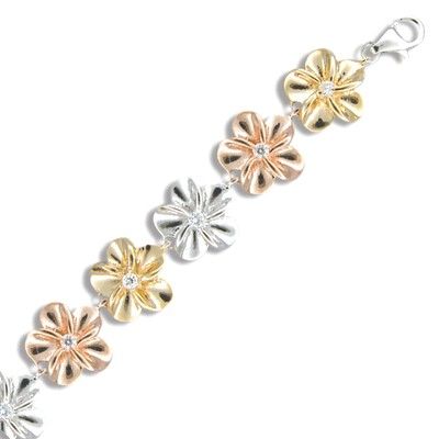 Sterling Silver 10MM Hawaiian Tri-Color CZ Plumeria Bracelet