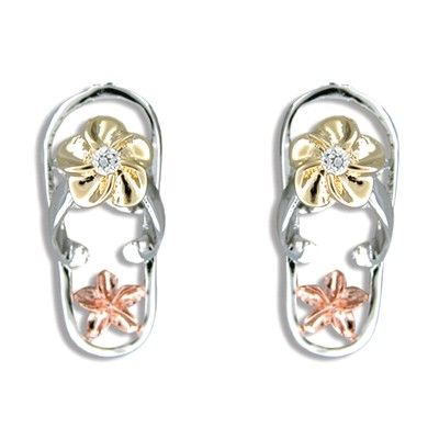 Sterling Silver Hawaiian Tri-Color CZ Slipper Pierced Earrings