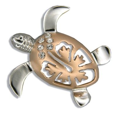 Sterling Silver Rose Two Tone Hibiscus Honu Pendant (L)