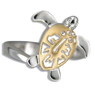 Sterling Silver Hawaiian Two Tone Hibiscus Honu Ring