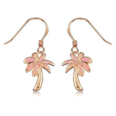 Sterling Silver Hawaiian Pink Opal Palm Tree Fish Wired  Earrings