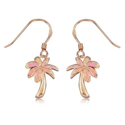 Sterling Silver Hawaiian Pink Opal Palm Tree Fish Wired  Earrings