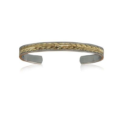 Sterling Silver Hawaiian 14K Yellow Two Tone Maile Cuff 6mm Bangle