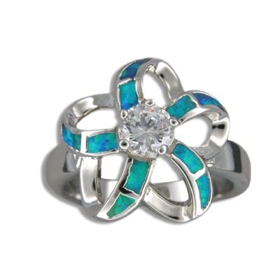 Sterling Silver Hawaiian Cut-in Blue Opal Plumeria Ring with CZ