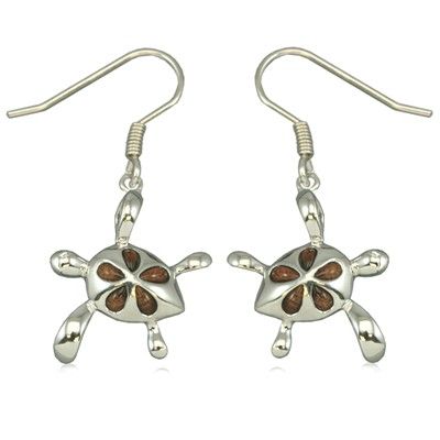 Sterling Silver Hawaiian Koa Wood HONU Plumeria Fish Wire Earrings