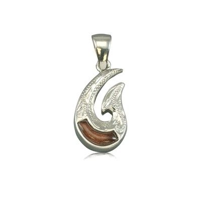 Sterling Silver Hawaiian Koa Wood Two Side Engraved Fish Hook Pendant