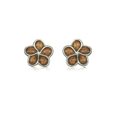 Sterling Silver Hawaiian Koa Wood Plumeria Pierced Earrings 