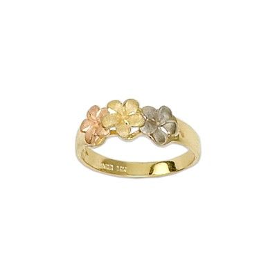 14kt Tri-Color Gold Triple 6mm Hawaiian Plumeria Flowers Ring