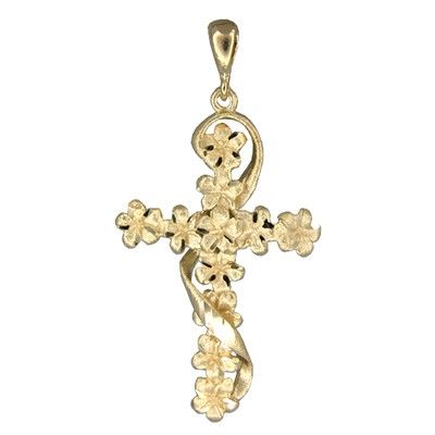 14kt Yellow Gold Fancy Plumeria Cross Pendant