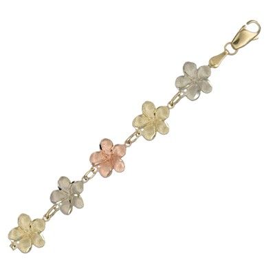 14kt Tri-Color Gold 10mm Plumeria Leis and Rope Bracelet