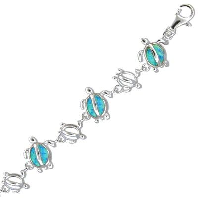 Sterling Silver Hawaiian Honu Blue Opal Bracelet