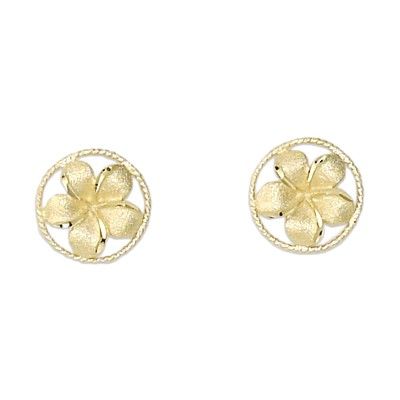 14KT Yellow Gold 10mm Plumeria in Circle Pierced Earrings