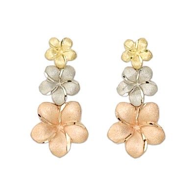 14kt Tri-Color Gold Triple Hawaiian Plumeria Dangling Earrings