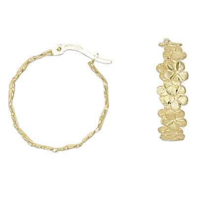 14kt Yellow Gold Cut-Out Hawaiian 7mm Plumeria Hoop Earrings. 