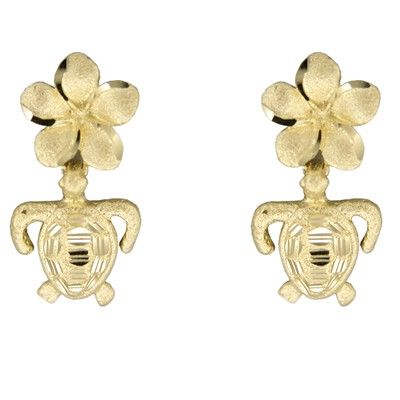14kt Yellow Gold 10mm Hawaiian Plumeria and HONU Earrings
