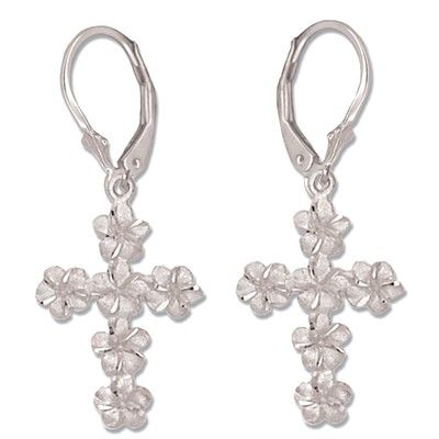 14kt White Gold Plumeria Leis Cross Lever Back Earrings