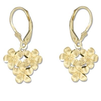 14kt Yellow Gold 8mm Plumeria Blossoms Lever Back Earrings