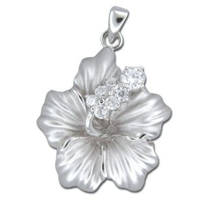 Sterling Silver Hawaiian Hibiscus Clear CZ Pendant