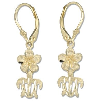 14kt Yellow Gold 8mm Hawaiian Plumeria and Cut-Out HONU Lever Back Earrings