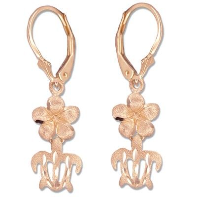 14kt Rose Gold 8mm Hawaiian Plumeria and Cut-Out HONU Lever Back Earrings