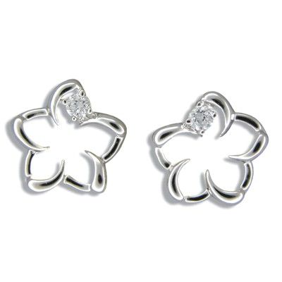 Sterling Silver Cut-Out Hawaiian Plumeria with CZ Pierced Earrings