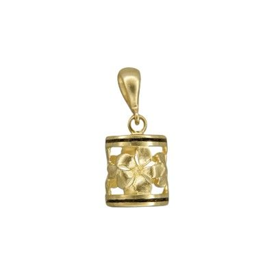 14kt Yellow Gold Hawaiian Sanded Plumeria Lucky Dangling Barrel with Black Border Pendant (L)