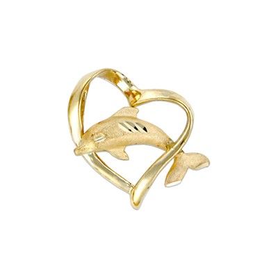 14kt Yellow Gold Hawaiian Dolphin in Heart Slide Pendant