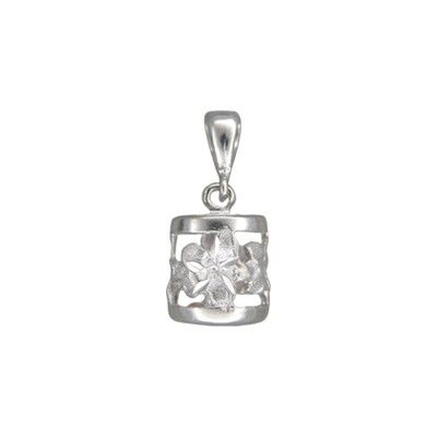 14kt White Gold Hawaiian Sanded Plumeria Lucky Dangling Barrel Pendant