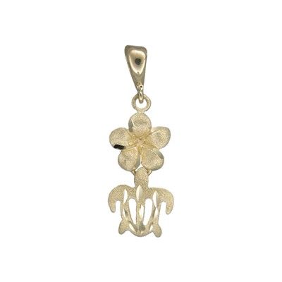 14kt Yellow Gold 10mm Hawaiian Plumeria and HONU Pendant